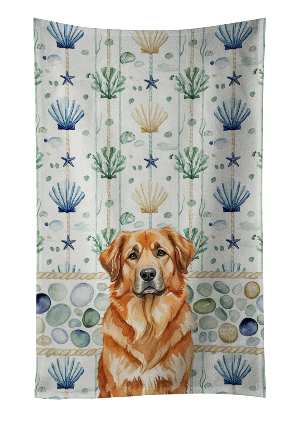 Red Leonberger Coastal Sea Glass Kitchen Towel Velour Plush Front and Cotton Loop Back Machine Washable