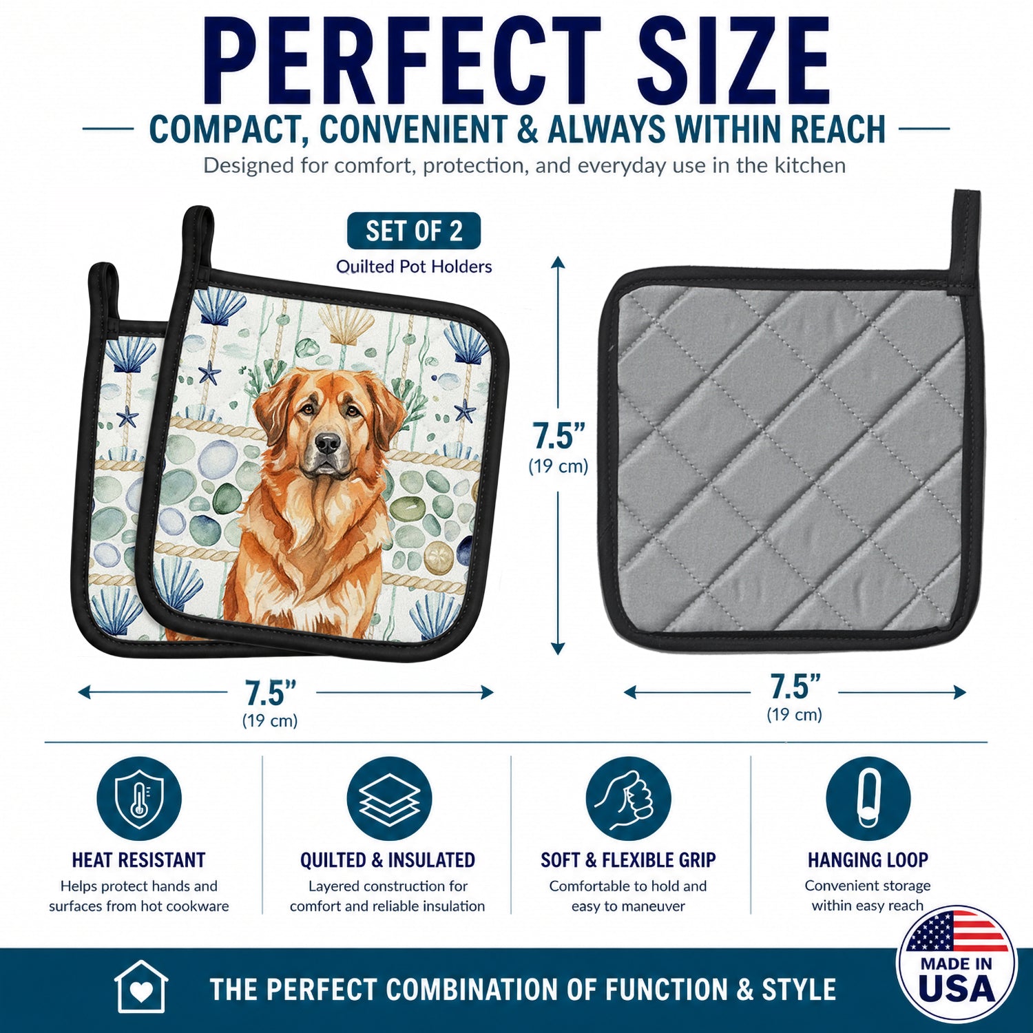 Red Leonberger Coastal Sea Glass Pot Holder Set of 2 Heat Resistant Quilted Hot Pads 7.5 x 7.5 Inch, Insulated Kitchen Trivets for Cooking & Baking