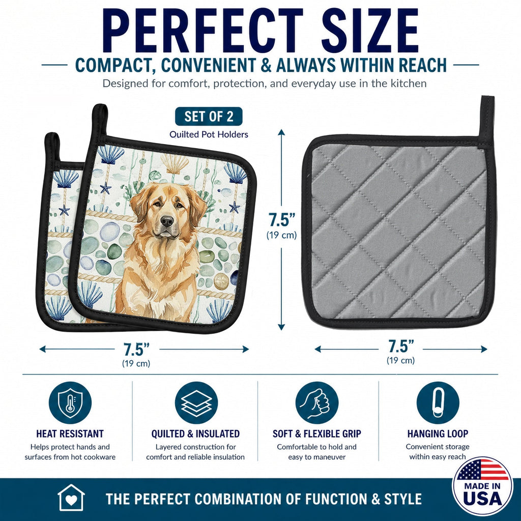 Sandy Leonberger Coastal Sea Glass Pot Holder Set of 2 Heat Resistant Quilted Hot Pads 7.5 x 7.5 Inch, Insulated Kitchen Trivets for Cooking & Baking