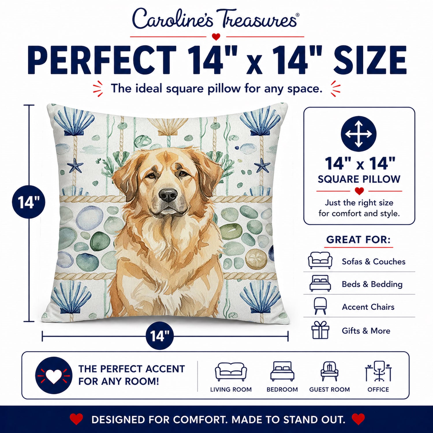 Sandy Leonberger Coastal Sea Glass Decorative Throw Pillow 14x14 Indoor Outdoor Accent Cushion, Fabric Cover with Insert for Sofa, Bed, Porch & Living Room