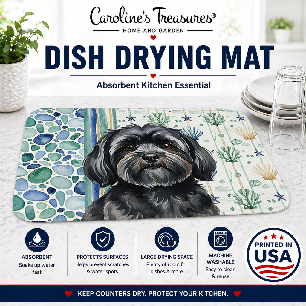 Black Lhasa Apso Coastal Sea Glass Dish Drying Mat Absorbent Dish Drying Mat Pad for Kitchen Counter Dish Drainer Mat for Countertop, 14 x 21", Multicolor