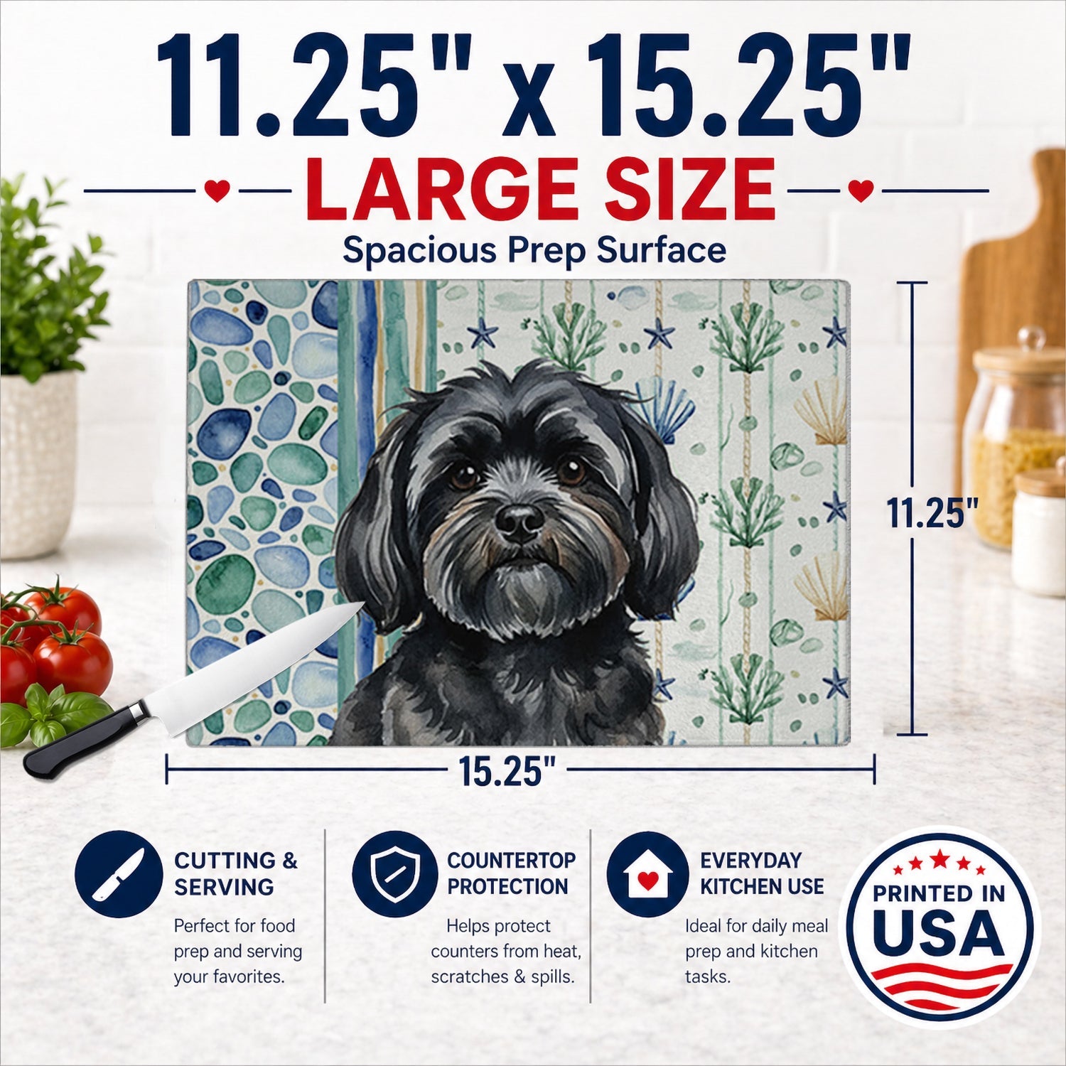 Black Lhasa Apso Coastal Sea Glass Cutting Board Tempered Glass Kitchen Cutting Surface, Heat Resistant Chopping, Non-Slip Feet, Food Prep & Serving