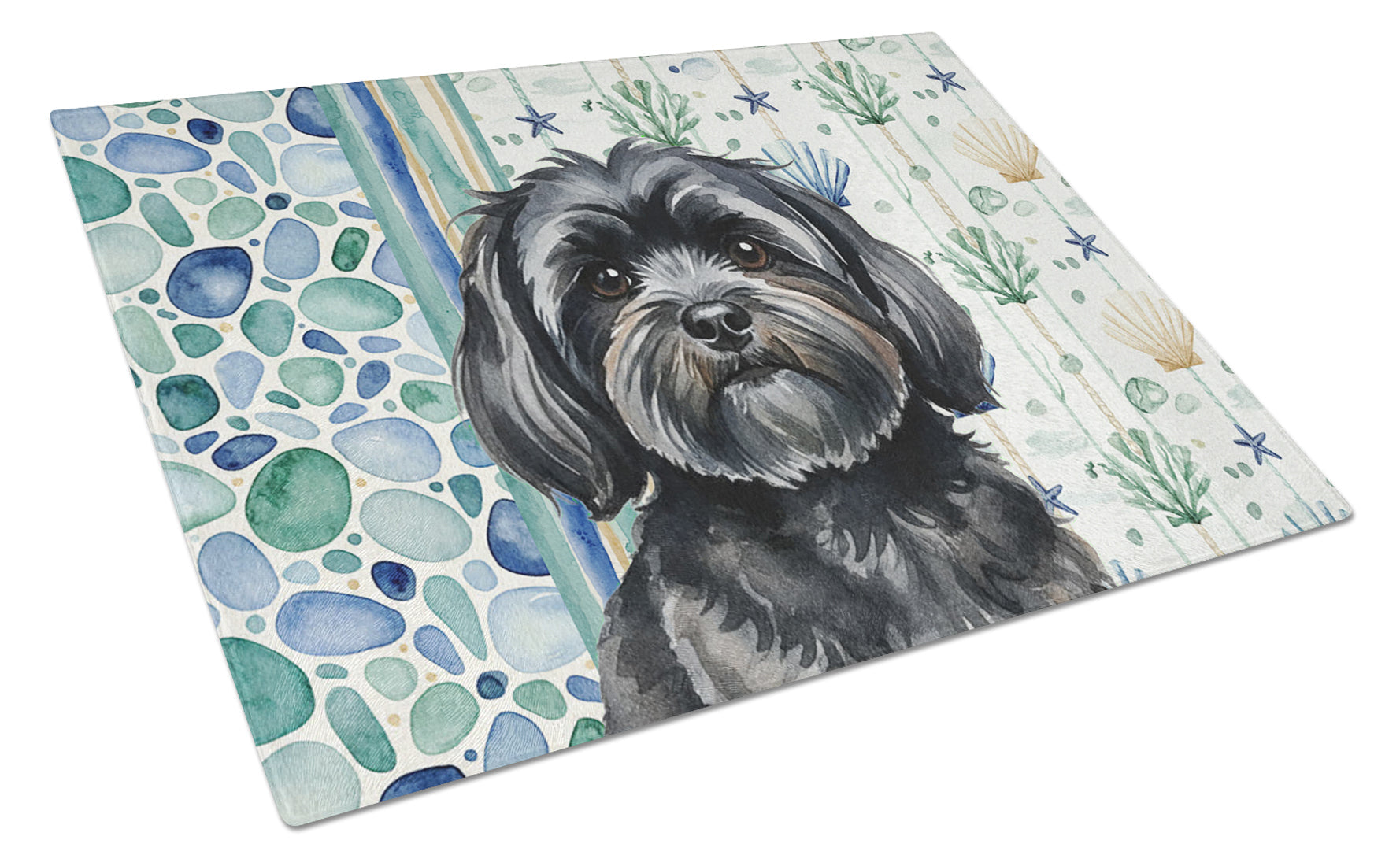 Black Lhasa Apso Coastal Sea Glass Cutting Board Tempered Glass Kitchen Cutting Surface, Heat Resistant Chopping, Non-Slip Feet, Food Prep & Serving