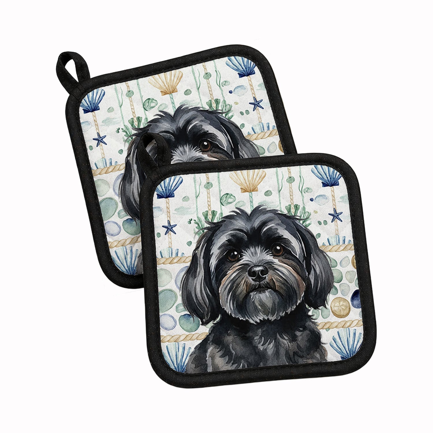 Black Lhasa Apso Coastal Sea Glass Pot Holder Set of 2 Heat Resistant Quilted Hot Pads 7.5 x 7.5 Inch, Insulated Kitchen Trivets for Cooking & Baking