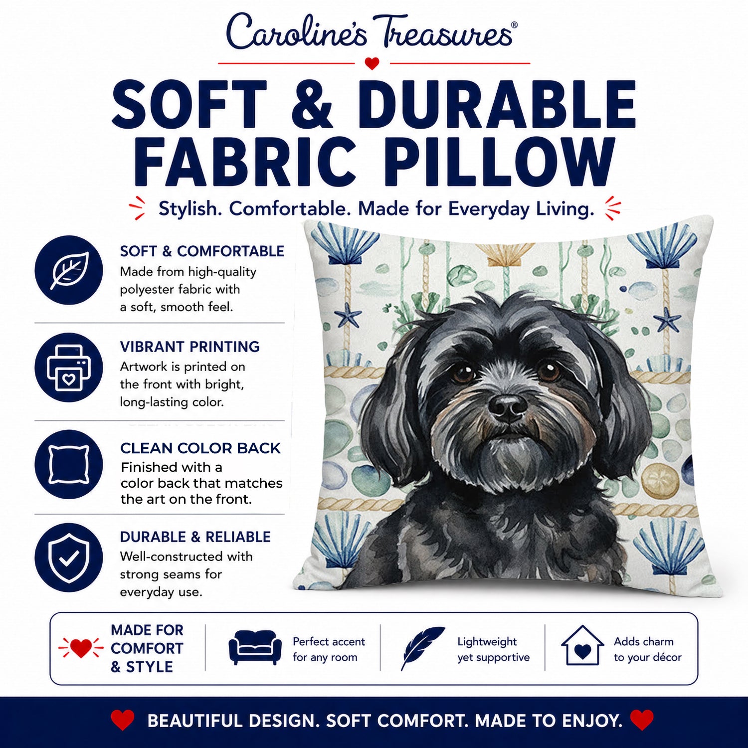 Black Lhasa Apso Coastal Sea Glass Decorative Throw Pillow 14x14 Indoor Outdoor Accent Cushion, Fabric Cover with Insert for Sofa, Bed, Porch & Living Room