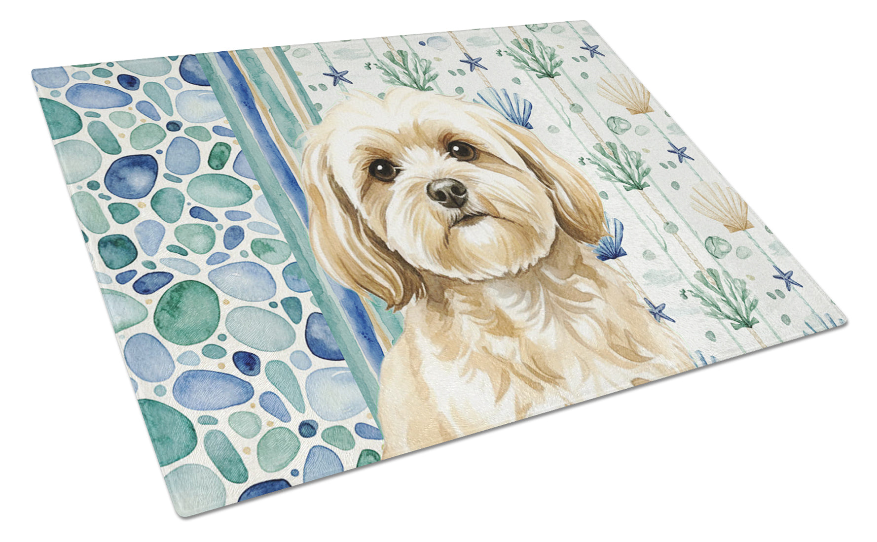 Cream Lhasa Apso Coastal Sea Glass Cutting Board Tempered Glass Kitchen Cutting Surface, Heat Resistant Chopping, Non-Slip Feet, Food Prep & Serving