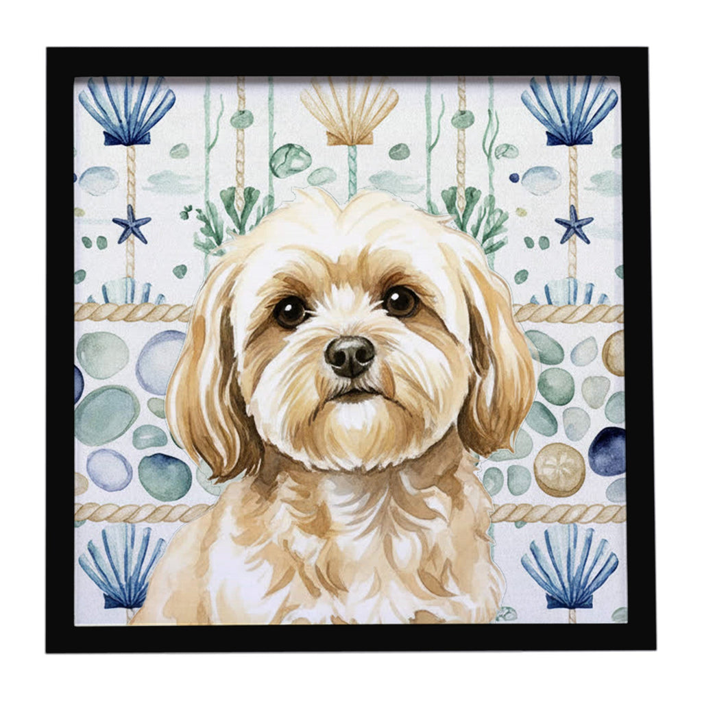 Cream Lhasa Apso Coastal Sea Glass Framed Metal Print Bathroom, Kitchen, Office, Home Decor Wall Art Ready to Hang, Square, 8X8