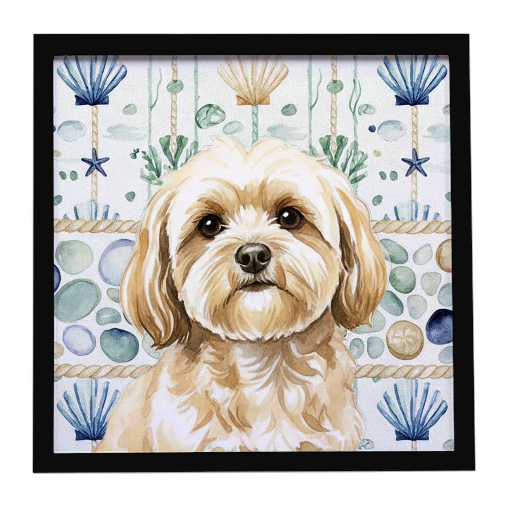 Cream Lhasa Apso Coastal Sea Glass Framed Metal Print Bathroom, Kitchen, Office, Home Decor Wall Art Ready to Hang, Square, 8X8