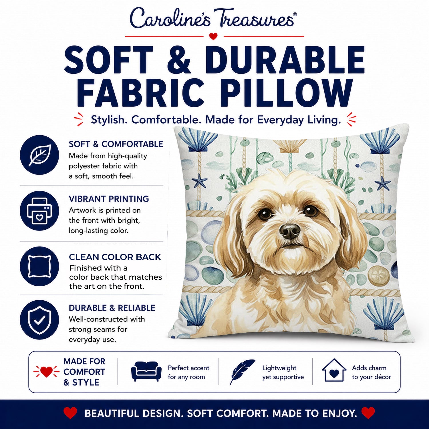 Cream Lhasa Apso Coastal Sea Glass Decorative Throw Pillow 18x18 Indoor Outdoor Accent Cushion, Fabric Cover with Insert for Sofa, Bed, Porch & Living Room