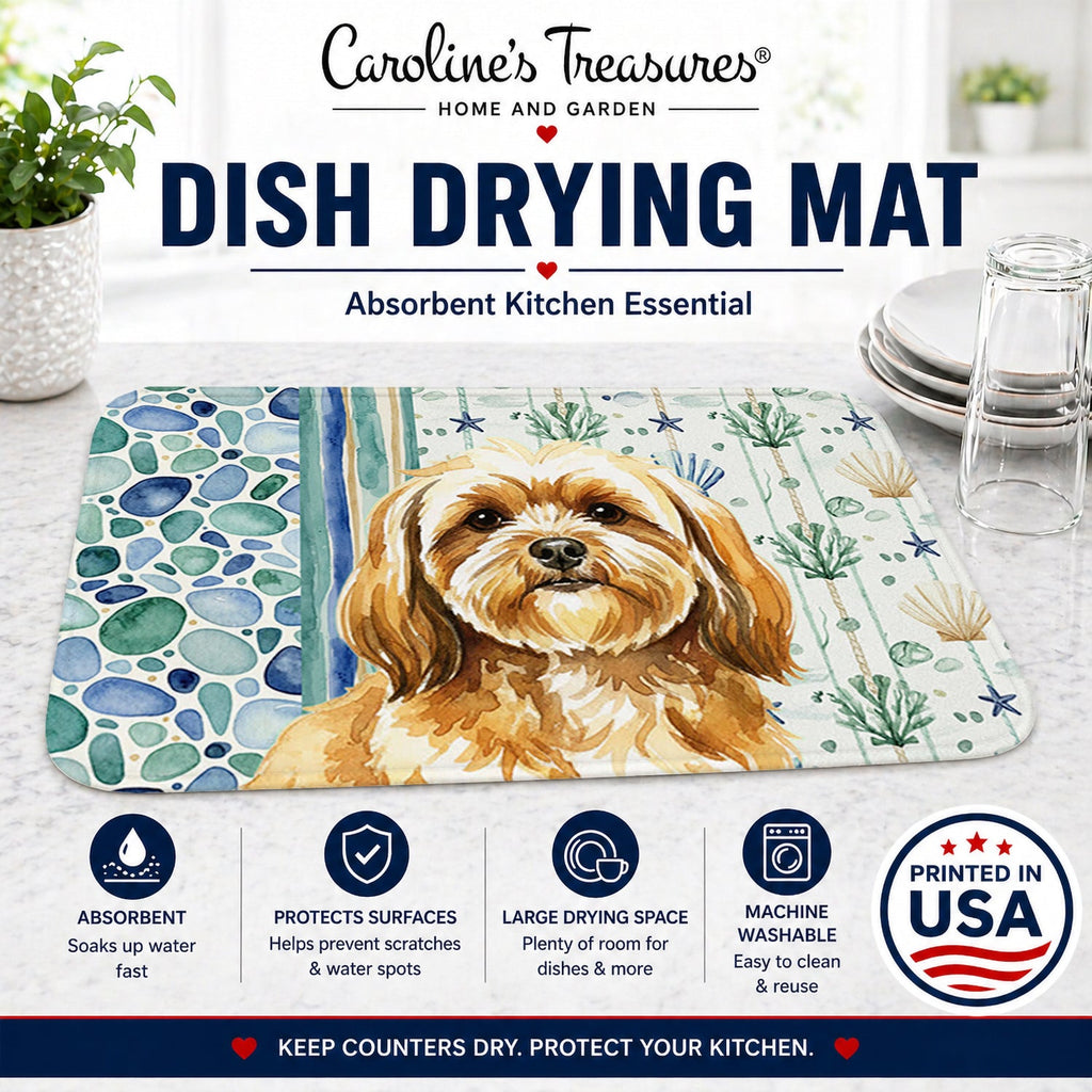 Gold Lhasa Apso Coastal Sea Glass Dish Drying Mat Absorbent Dish Drying Mat Pad for Kitchen Counter Dish Drainer Mat for Countertop, 14 x 21", Multicolor