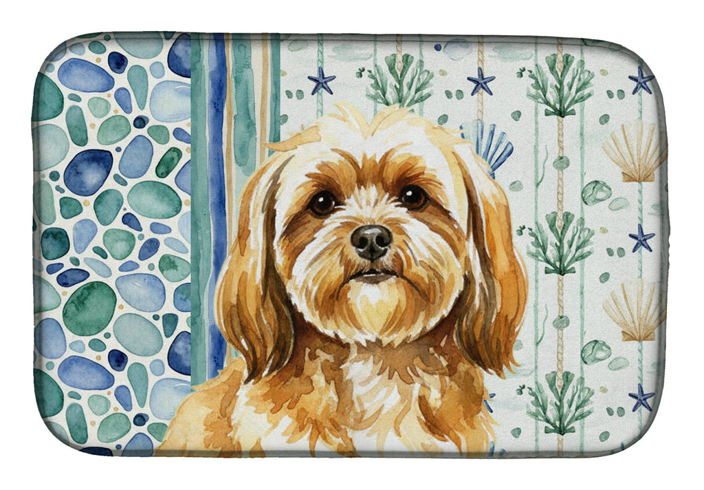 Gold Lhasa Apso Coastal Sea Glass Dish Drying Mat Absorbent Dish Drying Mat Pad for Kitchen Counter Dish Drainer Mat for Countertop, 14 x 21", Multicolor