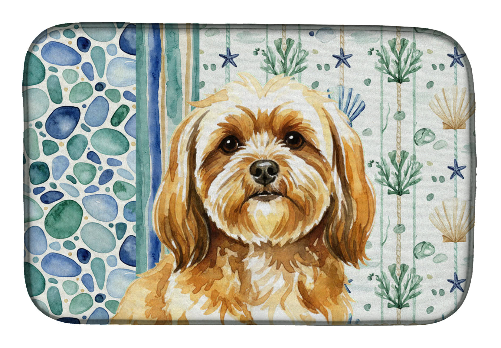 Gold Lhasa Apso Coastal Sea Glass Dish Drying Mat Absorbent Dish Drying Mat Pad for Kitchen Counter Dish Drainer Mat for Countertop, 14 x 21", Multicolor
