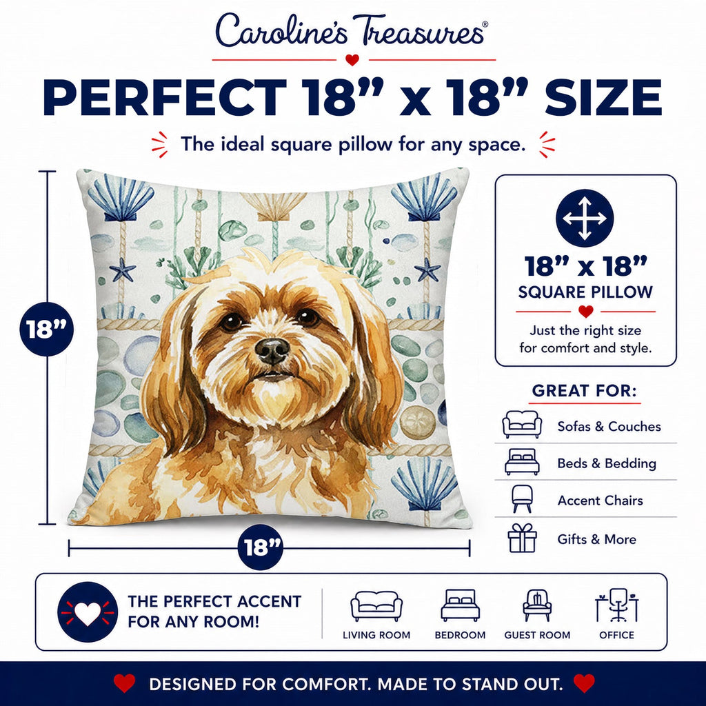 Gold Lhasa Apso Coastal Sea Glass Decorative Throw Pillow 18x18 Indoor Outdoor Accent Cushion, Fabric Cover with Insert for Sofa, Bed, Porch & Living Room