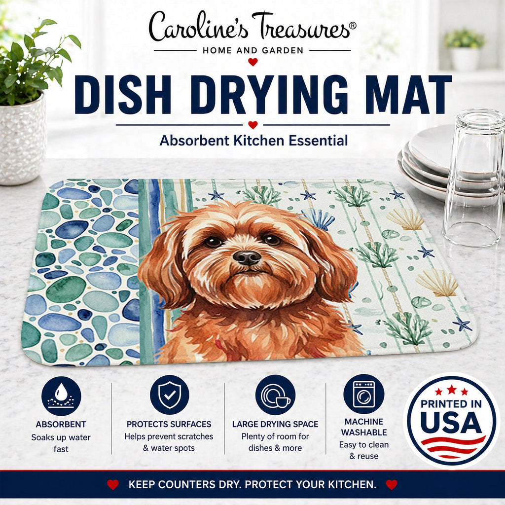 Red Lhasa Apso Coastal Sea Glass Dish Drying Mat Absorbent Dish Drying Mat Pad for Kitchen Counter Dish Drainer Mat for Countertop, 14 x 21", Multicolor