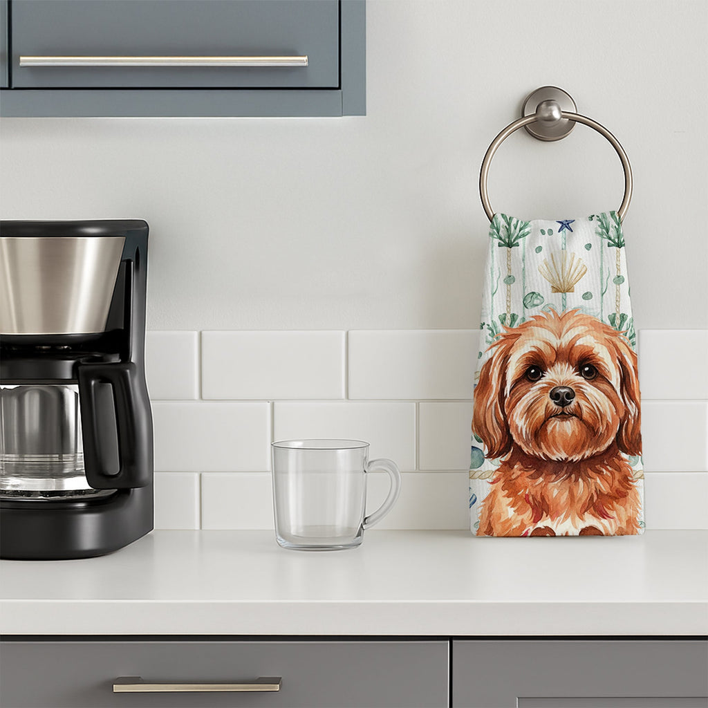 Red Lhasa Apso Coastal Sea Glass Kitchen Towel Velour Plush Front and Cotton Loop Back Machine Washable