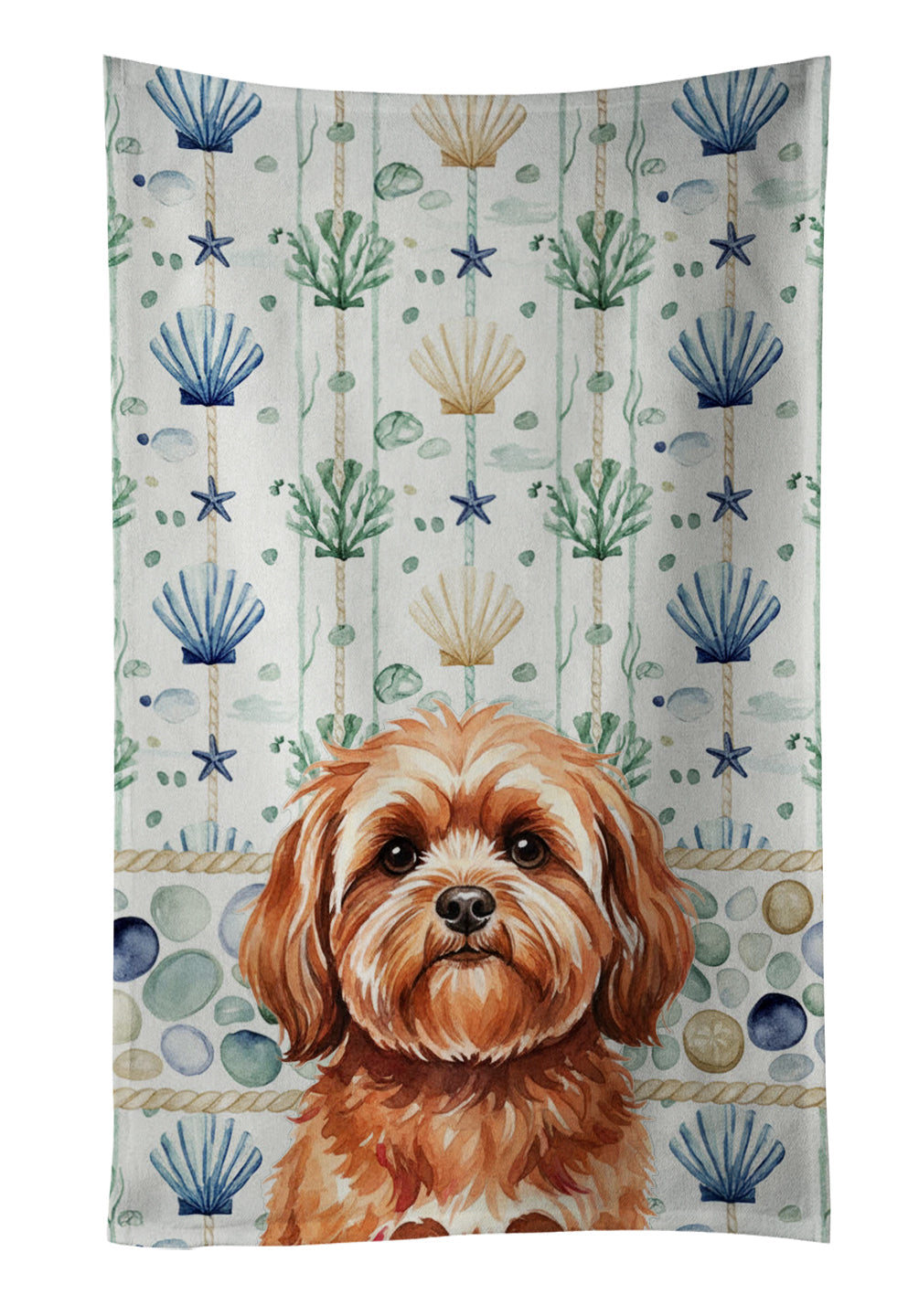 Red Lhasa Apso Coastal Sea Glass Kitchen Towel Velour Plush Front and Cotton Loop Back Machine Washable