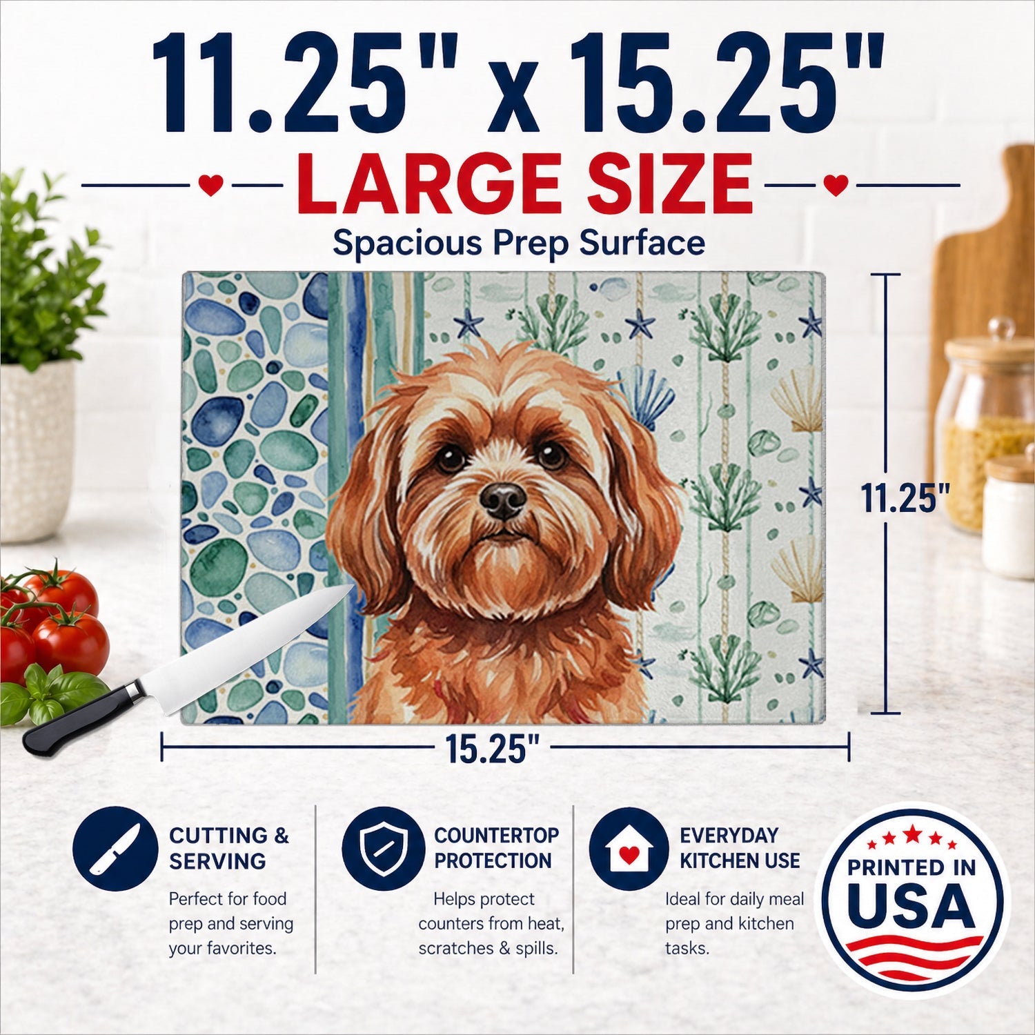 Red Lhasa Apso Coastal Sea Glass Cutting Board Tempered Glass Kitchen Cutting Surface, Heat Resistant Chopping, Non-Slip Feet, Food Prep & Serving