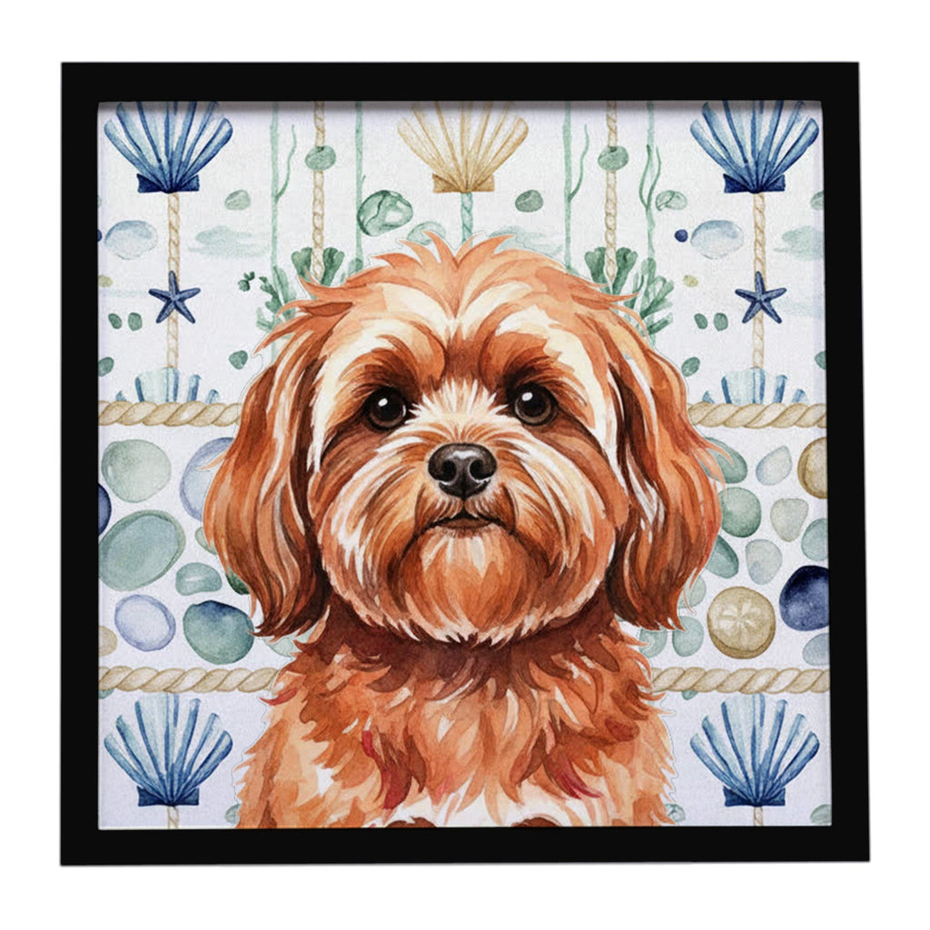 Red Lhasa Apso Coastal Sea Glass Framed Metal Print Bathroom, Kitchen, Office, Home Decor Wall Art Ready to Hang, Square, 8X8