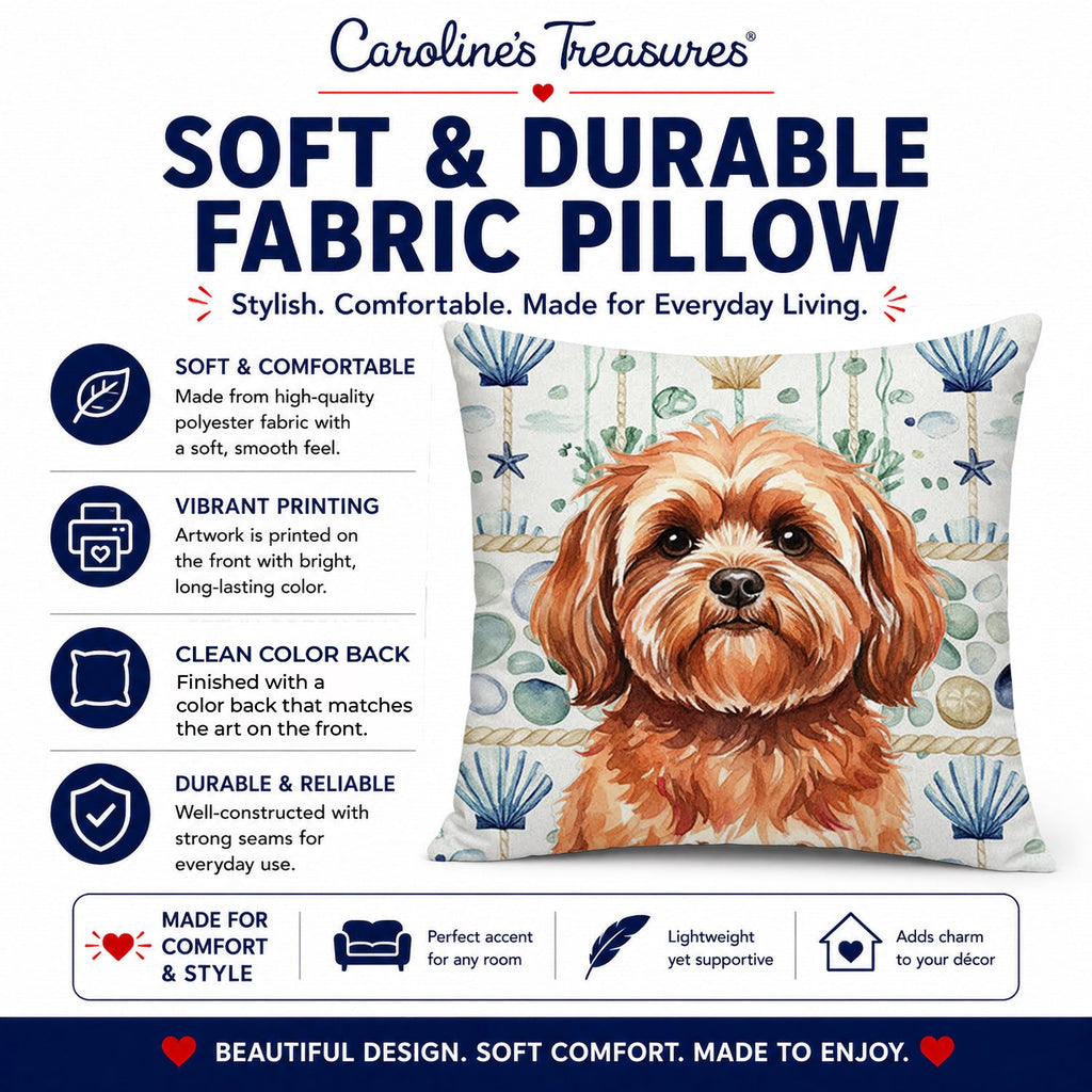 Red Lhasa Apso Coastal Sea Glass Decorative Throw Pillow 14x14 Indoor Outdoor Accent Cushion, Fabric Cover with Insert for Sofa, Bed, Porch & Living Room