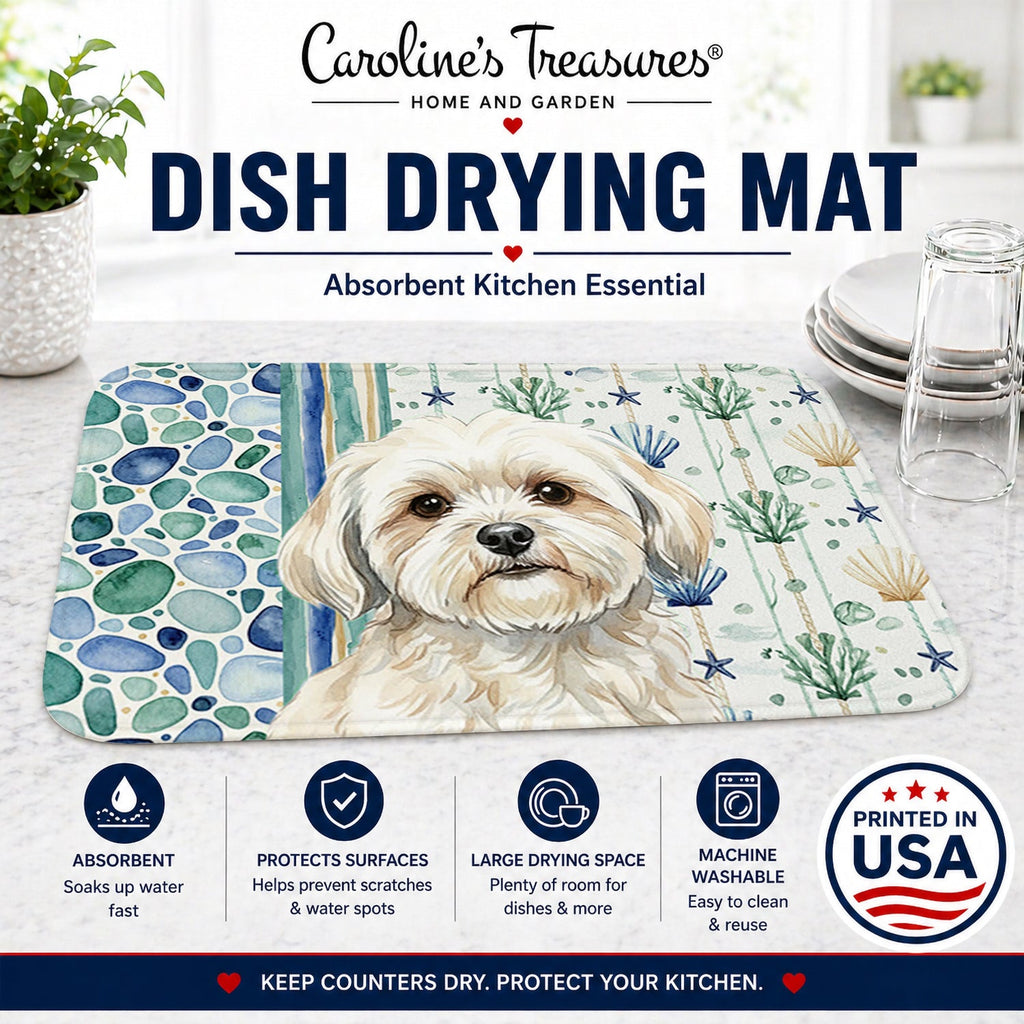 White Lhasa Apso Coastal Sea Glass Dish Drying Mat Absorbent Dish Drying Mat Pad for Kitchen Counter Dish Drainer Mat for Countertop, 14 x 21", Multicolor