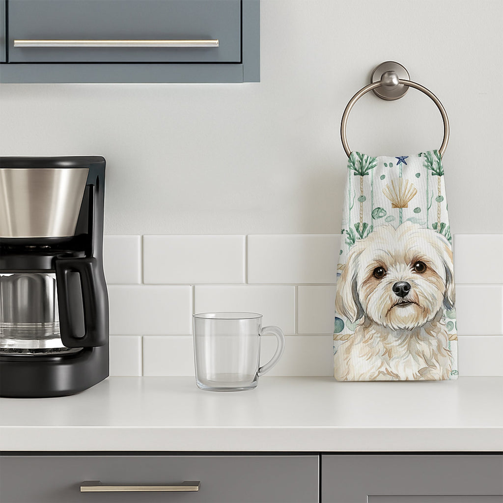 White Lhasa Apso Coastal Sea Glass Kitchen Towel Velour Plush Front and Cotton Loop Back Machine Washable