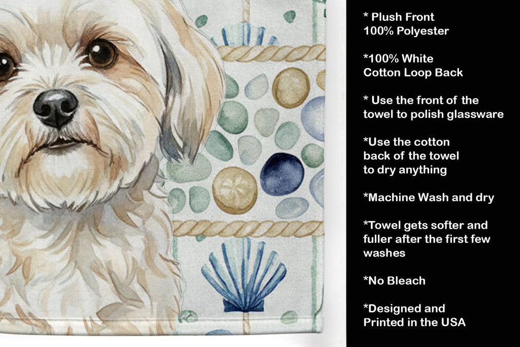 White Lhasa Apso Coastal Sea Glass Kitchen Towel Velour Plush Front and Cotton Loop Back Machine Washable