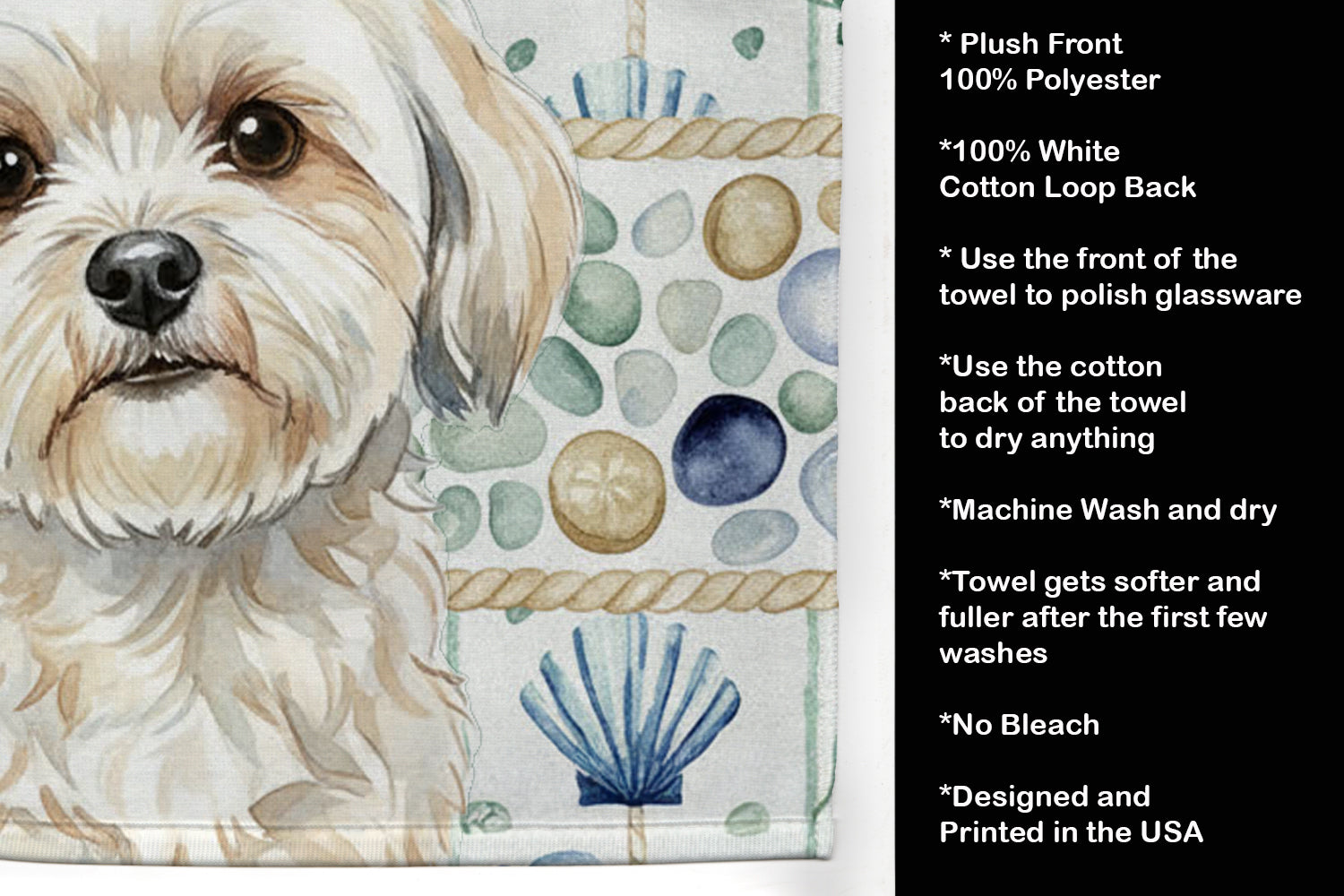 White Lhasa Apso Coastal Sea Glass Kitchen Towel Velour Plush Front and Cotton Loop Back Machine Washable