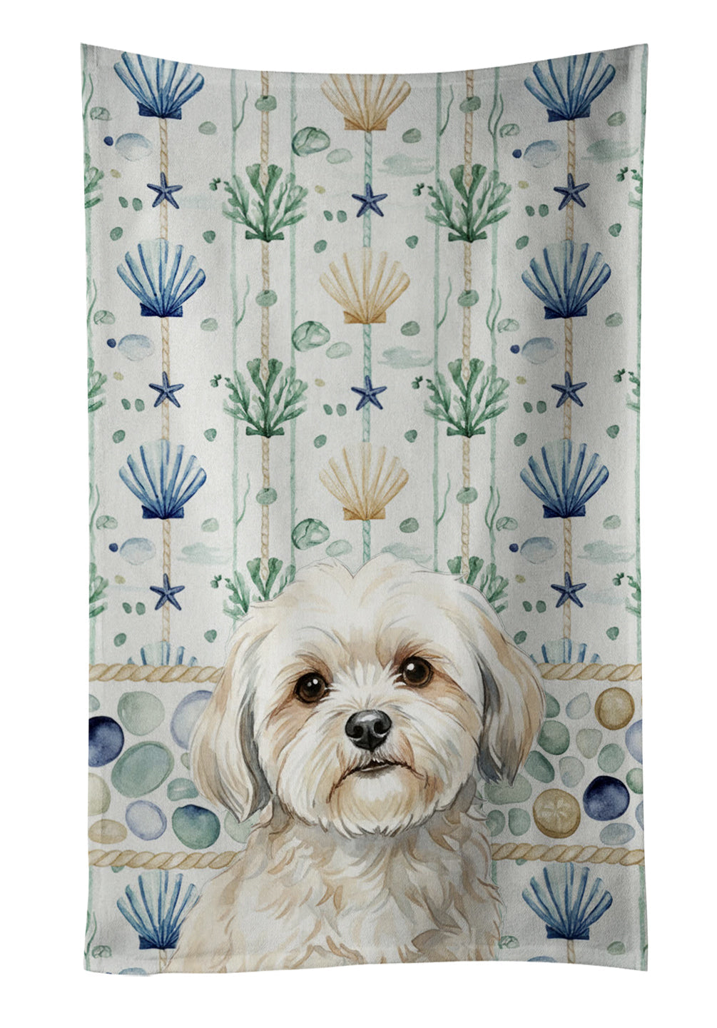 White Lhasa Apso Coastal Sea Glass Kitchen Towel Velour Plush Front and Cotton Loop Back Machine Washable