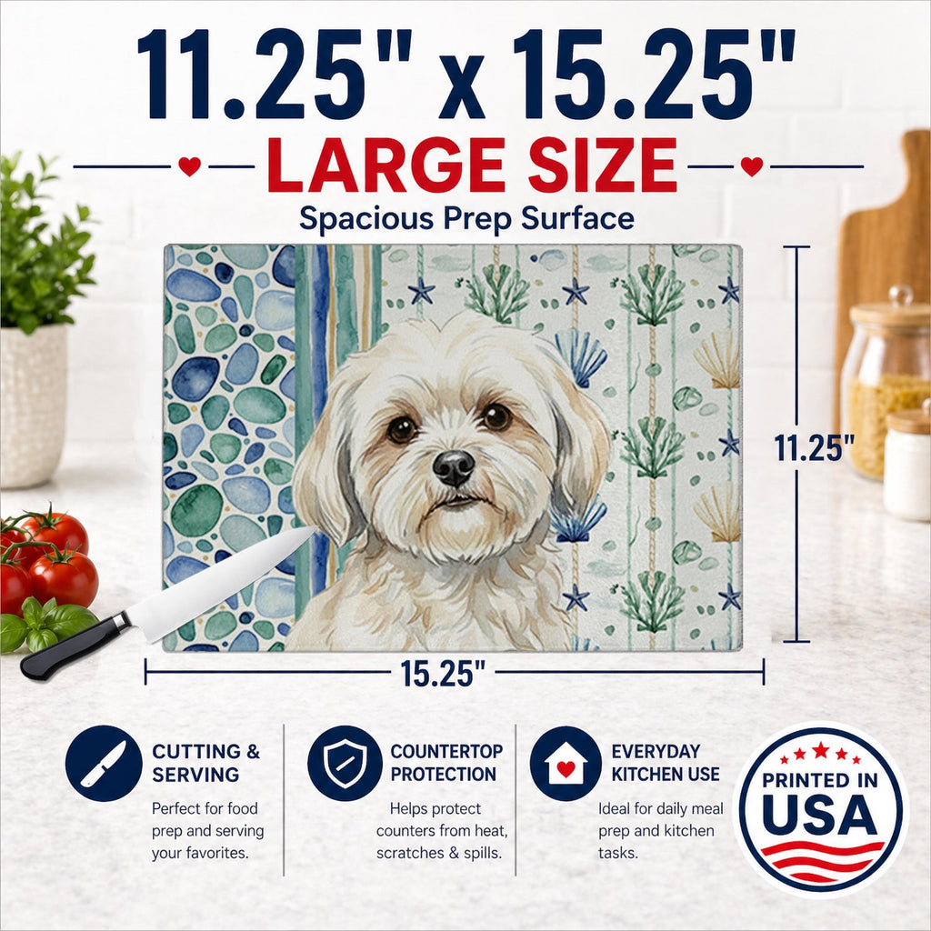 White Lhasa Apso Coastal Sea Glass Cutting Board Tempered Glass Kitchen Cutting Surface, Heat Resistant Chopping, Non-Slip Feet, Food Prep & Serving