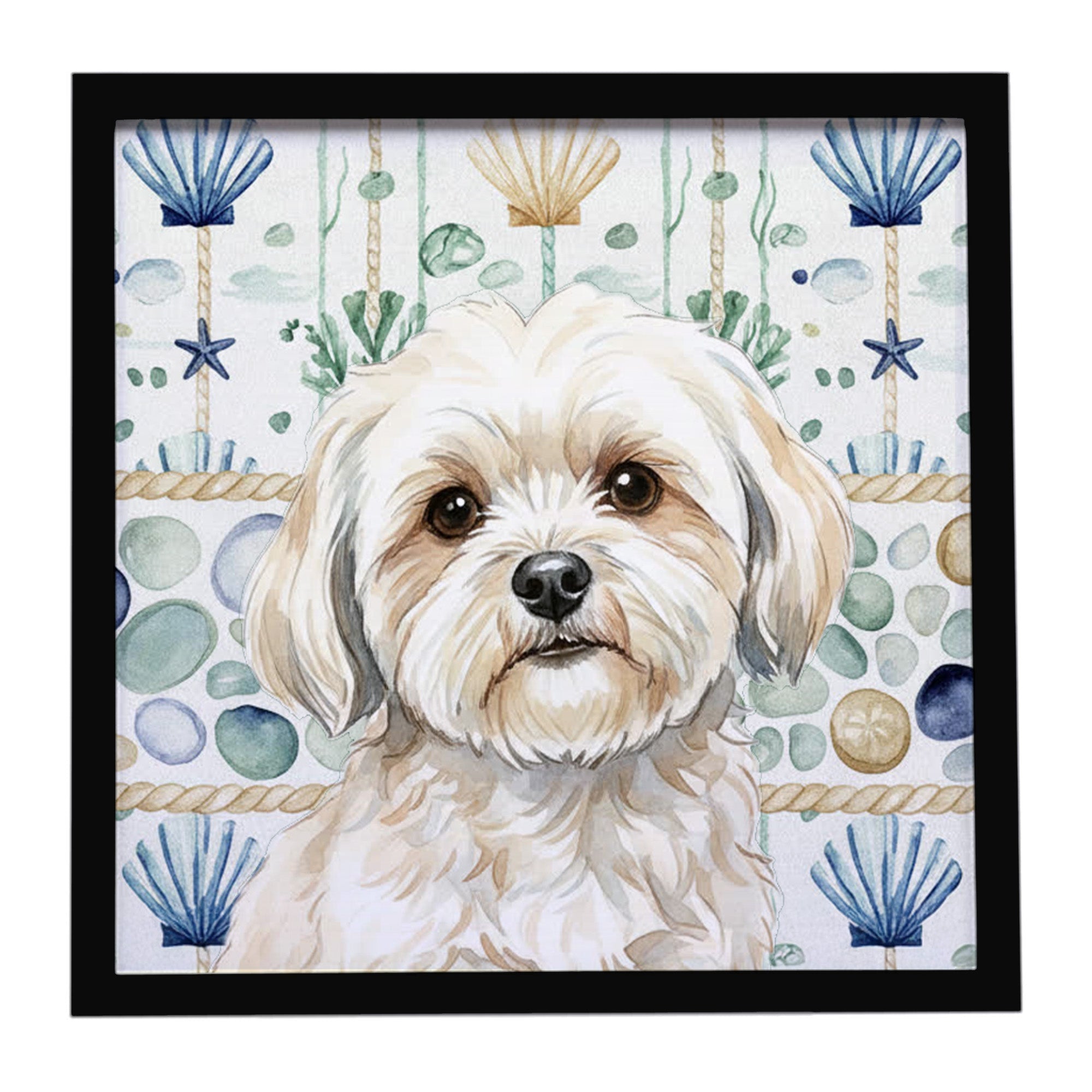 White Lhasa Apso Coastal Sea Glass Framed Metal Print Bathroom, Kitchen, Office, Home Decor Wall Art Ready to Hang, Square, 8X8