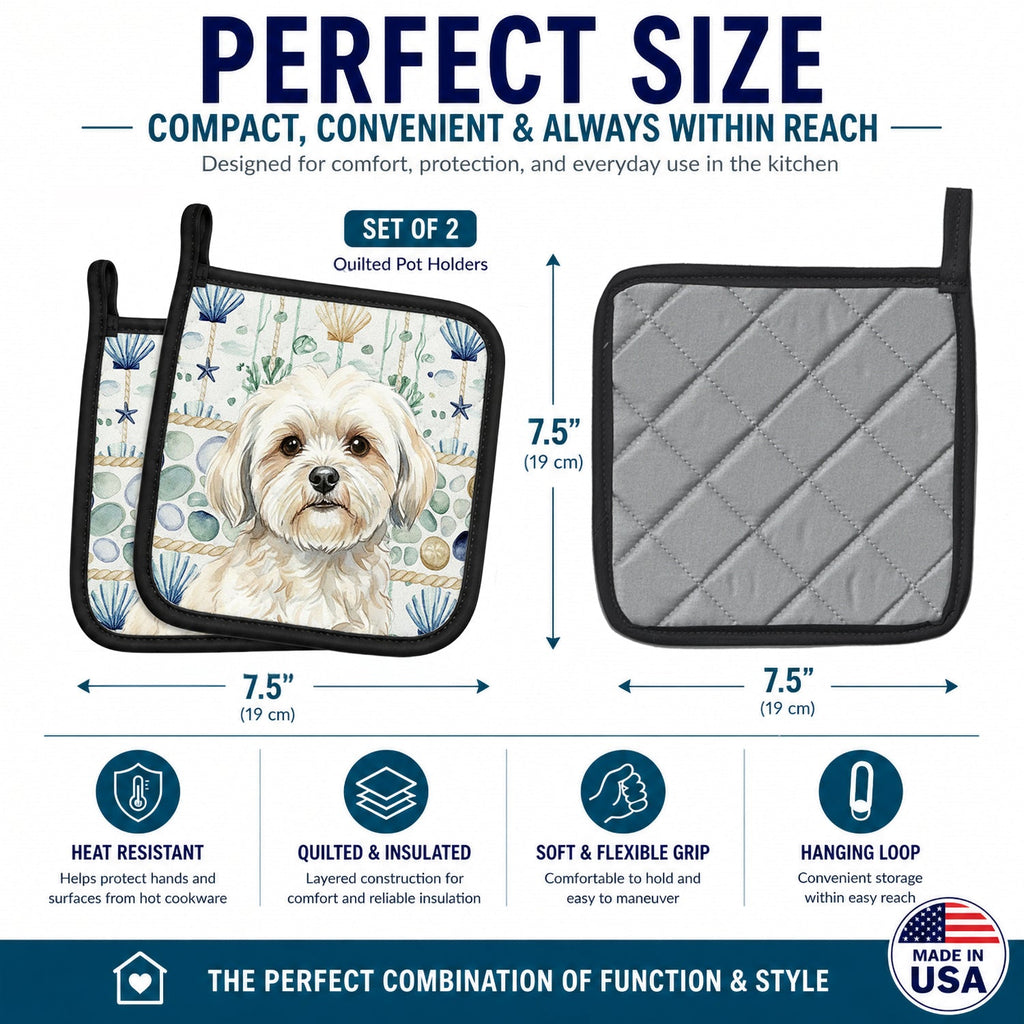 White Lhasa Apso Coastal Sea Glass Pot Holder Set of 2 Heat Resistant Quilted Hot Pads 7.5 x 7.5 Inch, Insulated Kitchen Trivets for Cooking & Baking