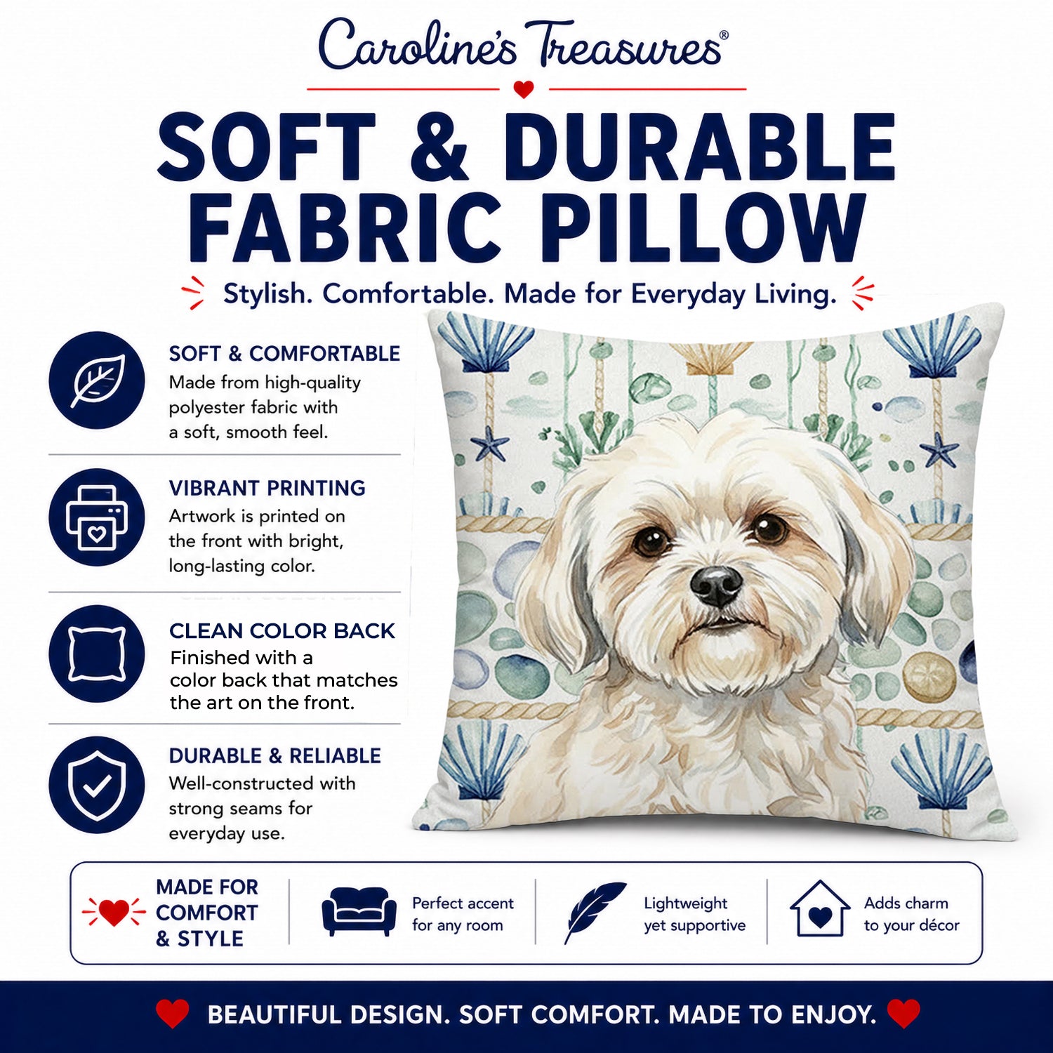 White Lhasa Apso Coastal Sea Glass Decorative Throw Pillow 14x14 Indoor Outdoor Accent Cushion, Fabric Cover with Insert for Sofa, Bed, Porch & Living Room