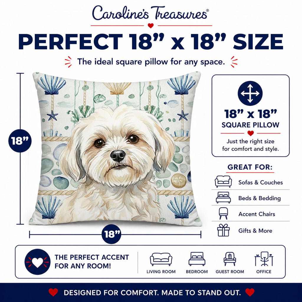 White Lhasa Apso Coastal Sea Glass Decorative Throw Pillow 18x18 Indoor Outdoor Accent Cushion, Fabric Cover with Insert for Sofa, Bed, Porch & Living Room