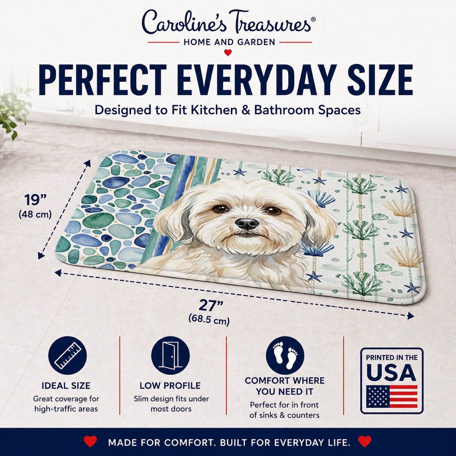 White Lhasa Apso Coastal Sea Glass Memory Foam Kitchen Mat Machine Washable Anti-Fatigue Cushion Comfort Bath or Kitchen Rug