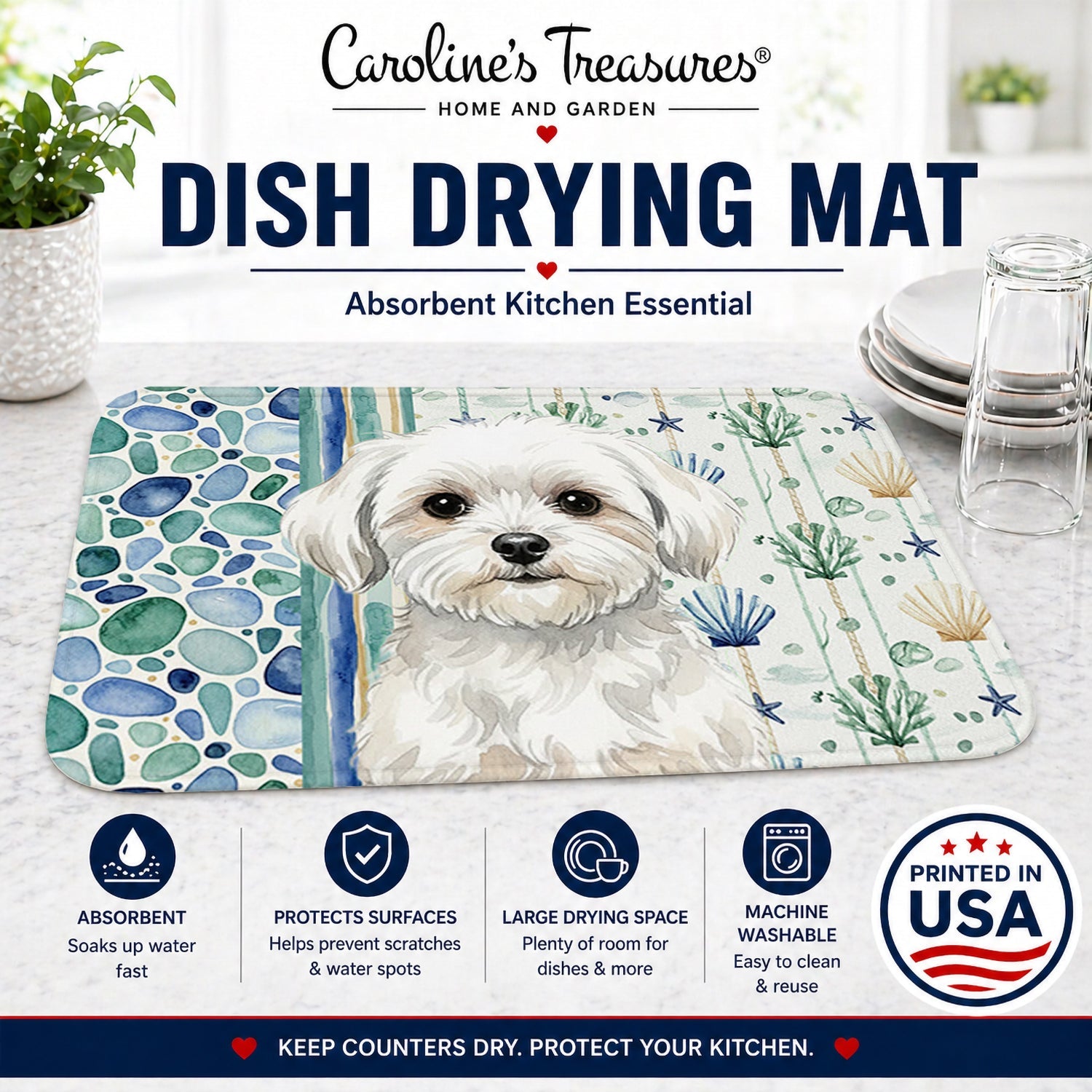 Maltese Coastal Sea Glass Dish Drying Mat Absorbent Dish Drying Mat Pad for Kitchen Counter Dish Drainer Mat for Countertop, 14 x 21", Multicolor