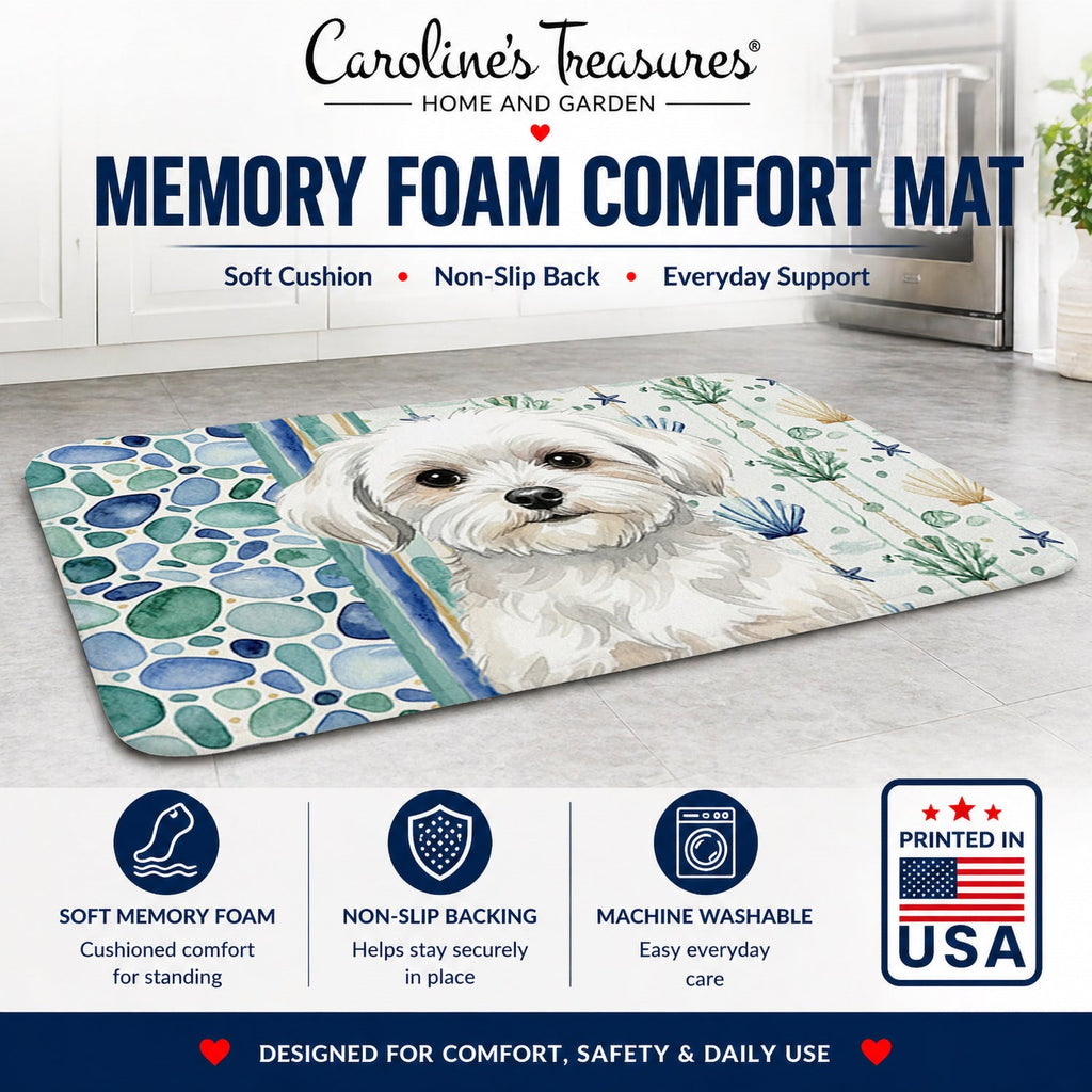 Maltese Coastal Sea Glass Memory Foam Kitchen Mat Machine Washable Anti-Fatigue Cushion Comfort Bath or Kitchen Rug