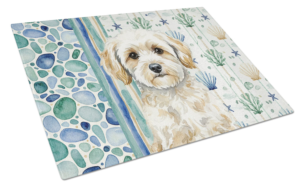 Maltipoo Coastal Sea Glass Cutting Board Tempered Glass Kitchen Cutting Surface, Heat Resistant Chopping, Non-Slip Feet, Food Prep & Serving