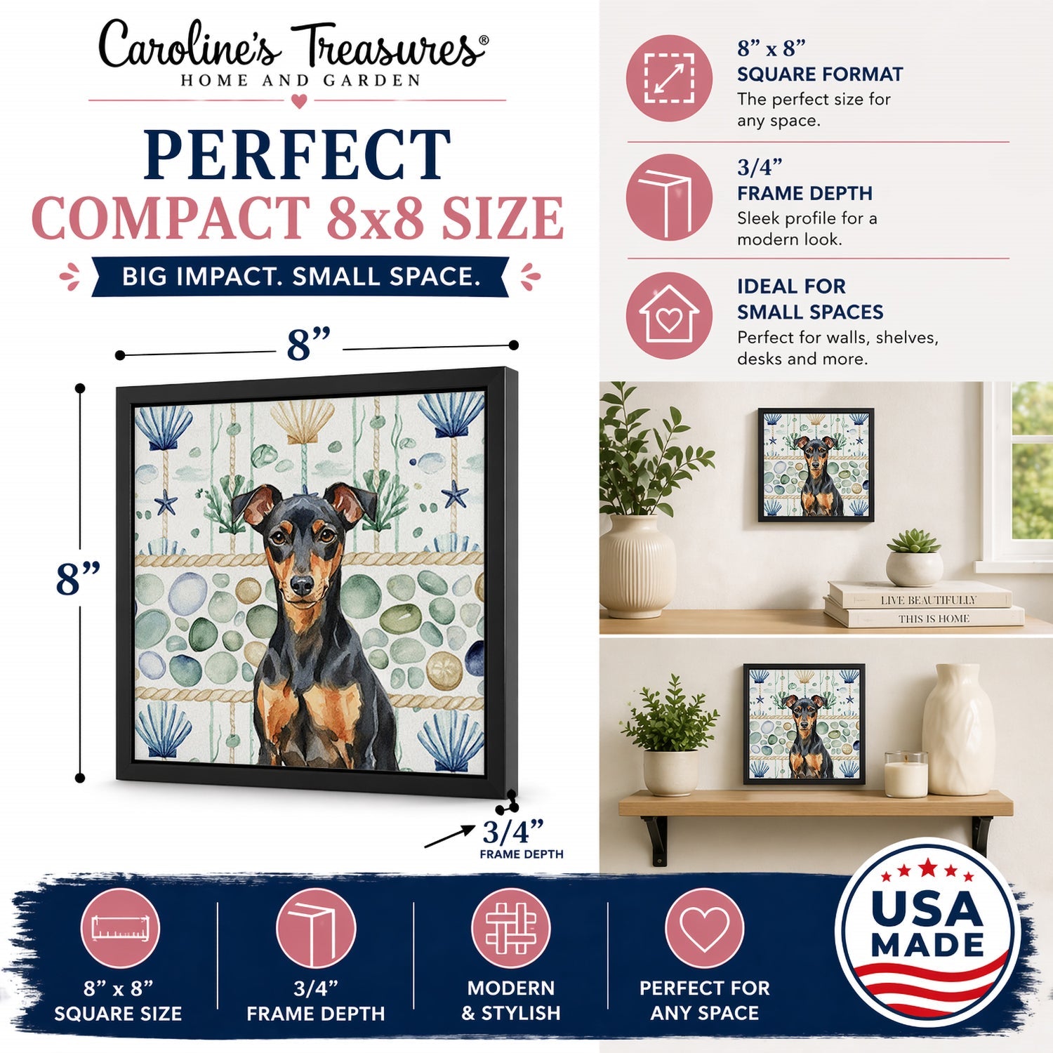 Manchester Terrier Coastal Sea Glass Framed Metal Print Bathroom, Kitchen, Office, Home Decor Wall Art Ready to Hang, Square, 8X8