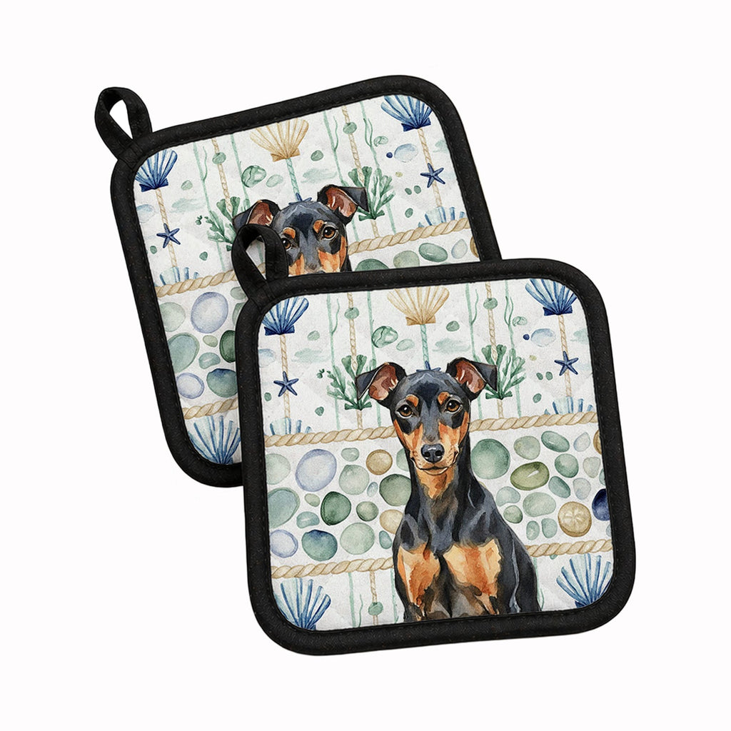 Manchester Terrier Coastal Sea Glass Pot Holder Set of 2 Heat Resistant Quilted Hot Pads 7.5 x 7.5 Inch, Insulated Kitchen Trivets for Cooking & Baking