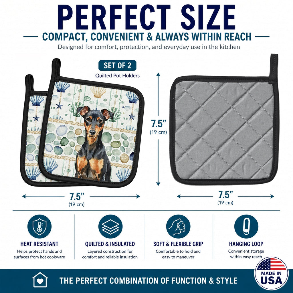 Manchester Terrier Coastal Sea Glass Pot Holder Set of 2 Heat Resistant Quilted Hot Pads 7.5 x 7.5 Inch, Insulated Kitchen Trivets for Cooking & Baking
