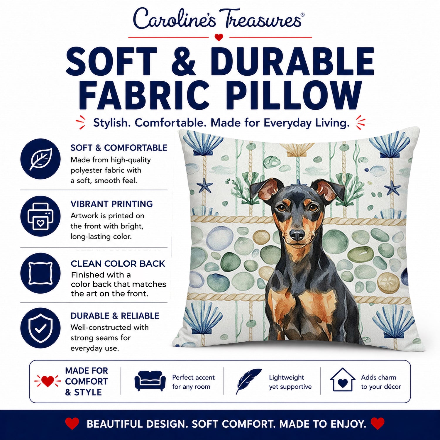 Manchester Terrier Coastal Sea Glass Decorative Throw Pillow 14x14 Indoor Outdoor Accent Cushion, Fabric Cover with Insert for Sofa, Bed, Porch & Living Room