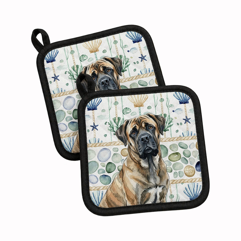 Brindle Mastiff Coastal Sea Glass Pot Holder Set of 2 Heat Resistant Quilted Hot Pads 7.5 x 7.5 Inch, Insulated Kitchen Trivets for Cooking & Baking
