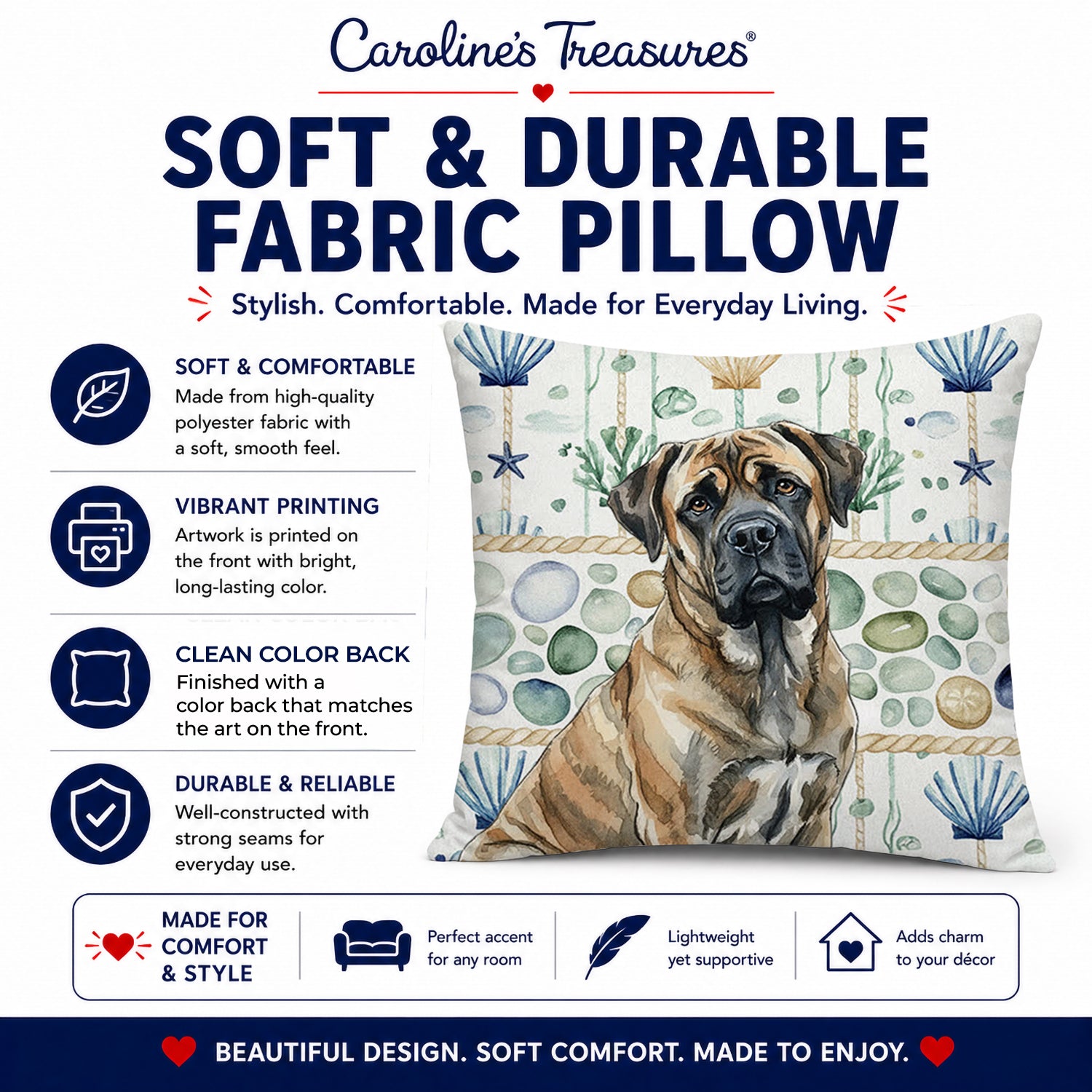 Brindle Mastiff Coastal Sea Glass Decorative Throw Pillow 14x14 Indoor Outdoor Accent Cushion, Fabric Cover with Insert for Sofa, Bed, Porch & Living Room