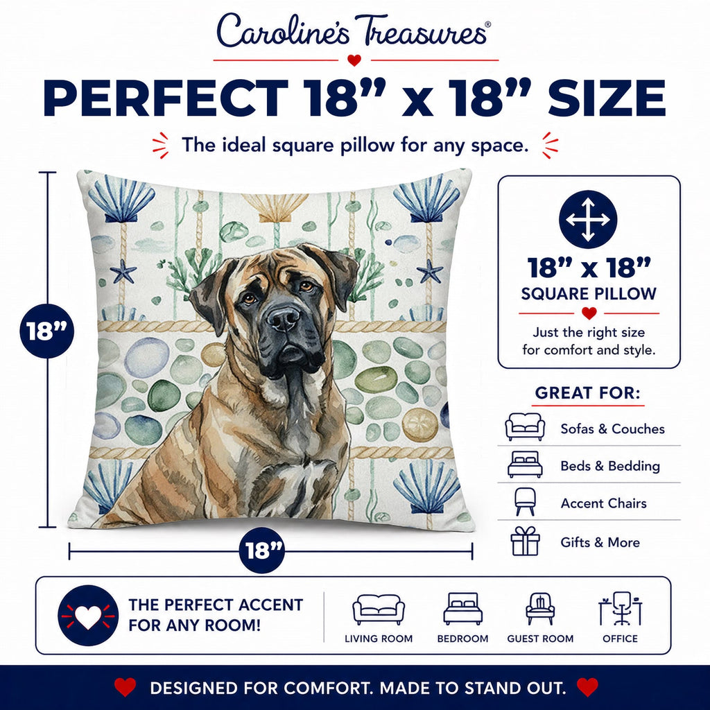 Brindle Mastiff Coastal Sea Glass Decorative Throw Pillow 18x18 Indoor Outdoor Accent Cushion, Fabric Cover with Insert for Sofa, Bed, Porch & Living Room