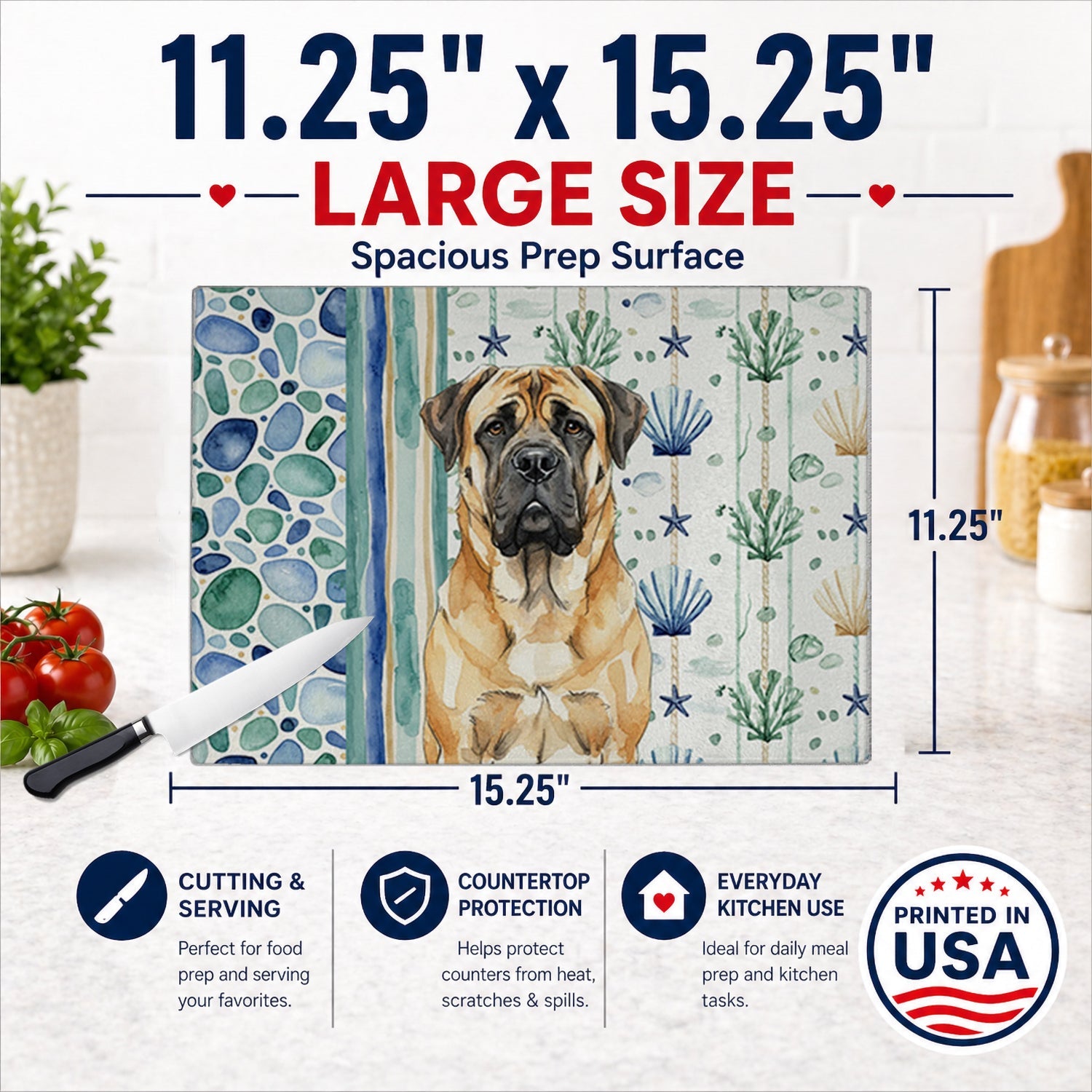 Fawn Mastiff Coastal Sea Glass Cutting Board Tempered Glass Kitchen Cutting Surface, Heat Resistant Chopping, Non-Slip Feet, Food Prep & Serving