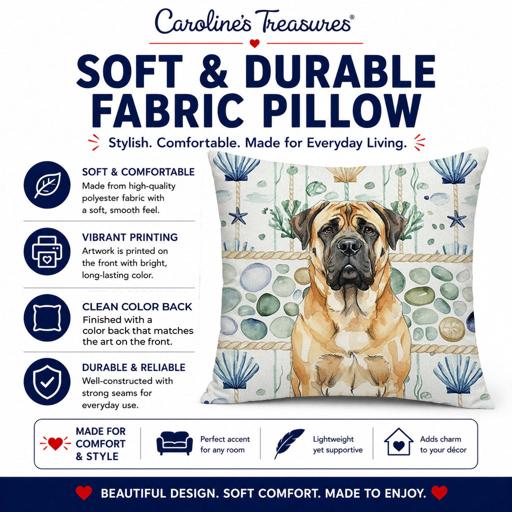 Fawn Mastiff Coastal Sea Glass Decorative Throw Pillow 14x14 Indoor Outdoor Accent Cushion, Fabric Cover with Insert for Sofa, Bed, Porch & Living Room