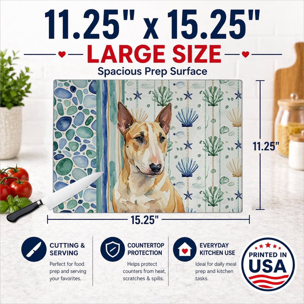 Miniature Bull Terrier Coastal Sea Glass Cutting Board Tempered Glass Kitchen Cutting Surface, Heat Resistant Chopping, Non-Slip Feet, Food Prep & Serving