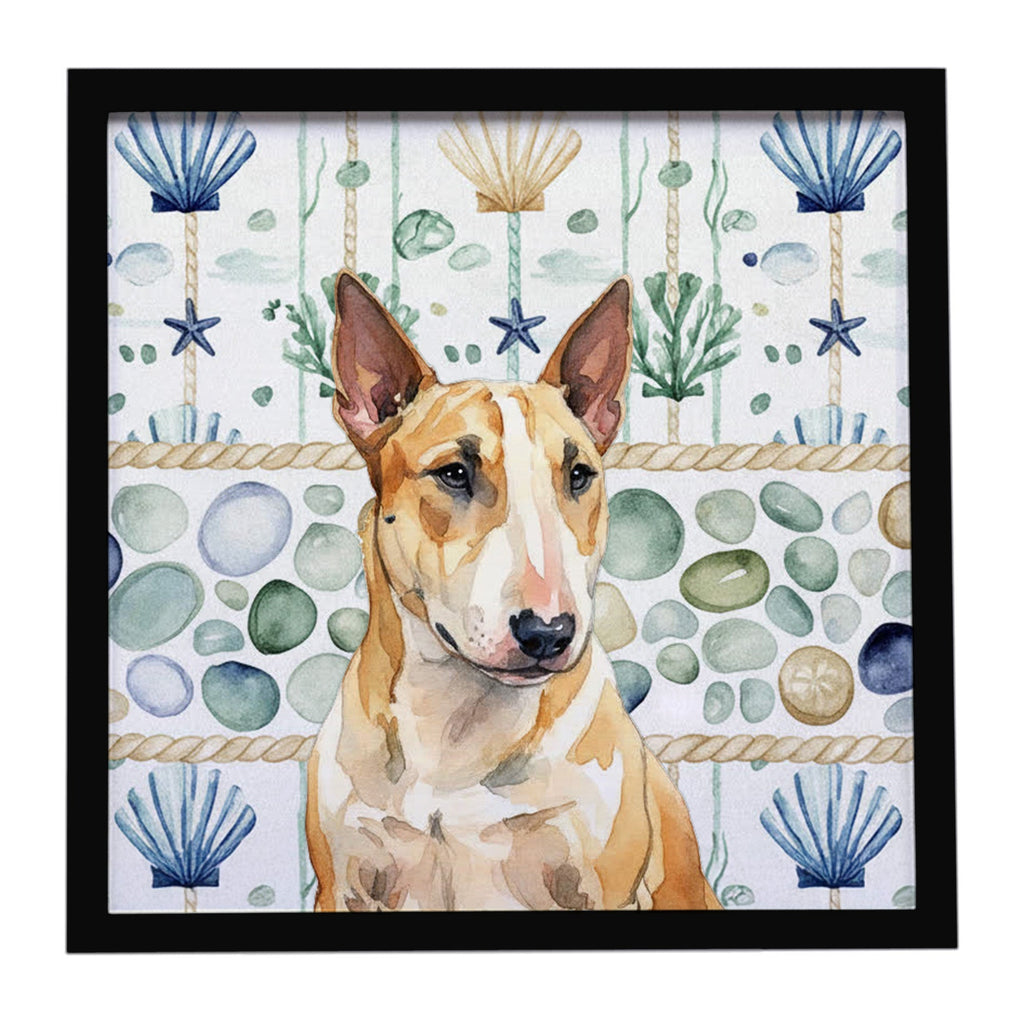 Miniature Bull Terrier Coastal Sea Glass Framed Metal Print Bathroom, Kitchen, Office, Home Decor Wall Art Ready to Hang, Square, 8X8