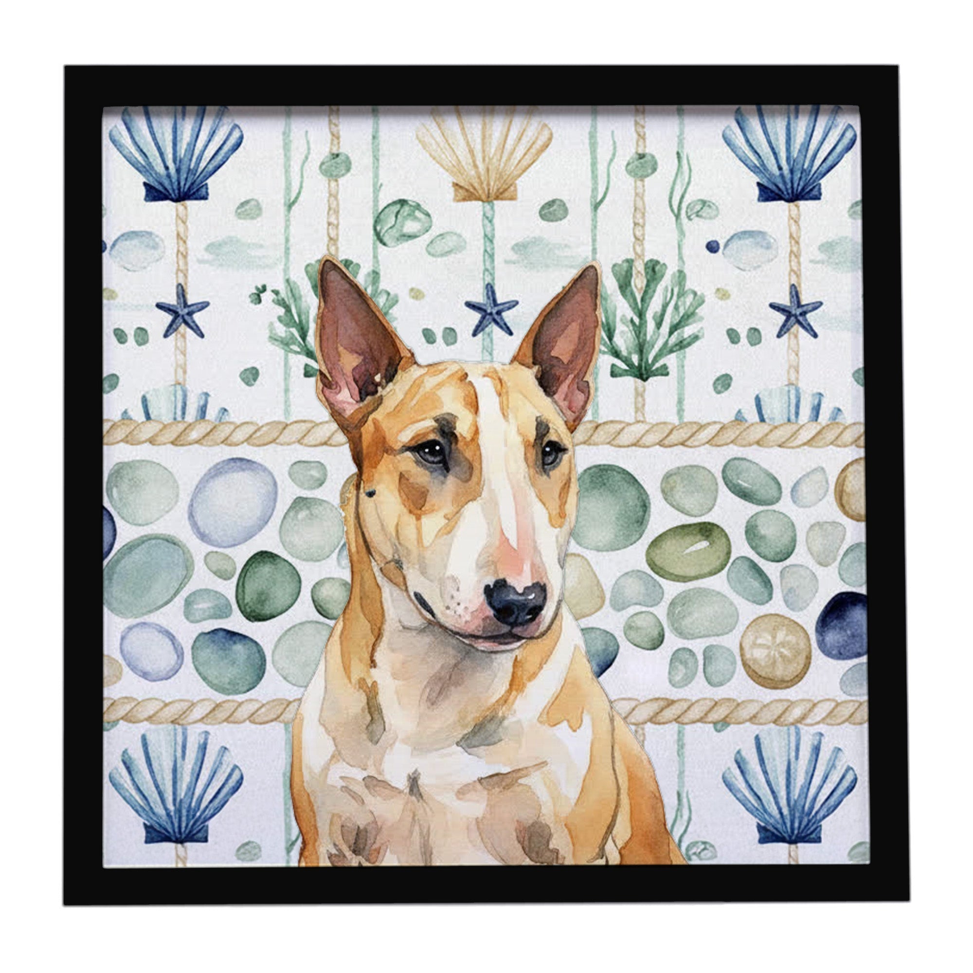 Miniature Bull Terrier Coastal Sea Glass Framed Metal Print Bathroom, Kitchen, Office, Home Decor Wall Art Ready to Hang, Square, 8X8