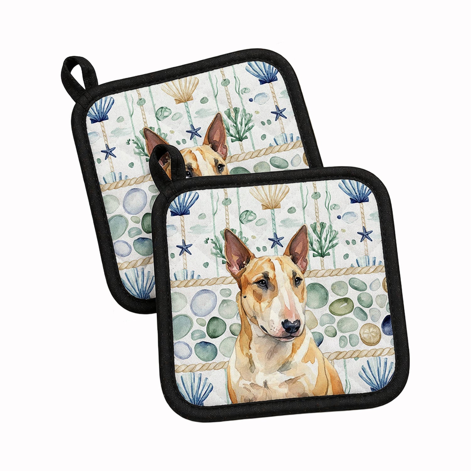 Miniature Bull Terrier Coastal Sea Glass Pot Holder Set of 2 Heat Resistant Quilted Hot Pads 7.5 x 7.5 Inch, Insulated Kitchen Trivets for Cooking & Baking